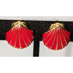 Monet Enamel Red and Gold Tone Clam Shell Clip on Earrings